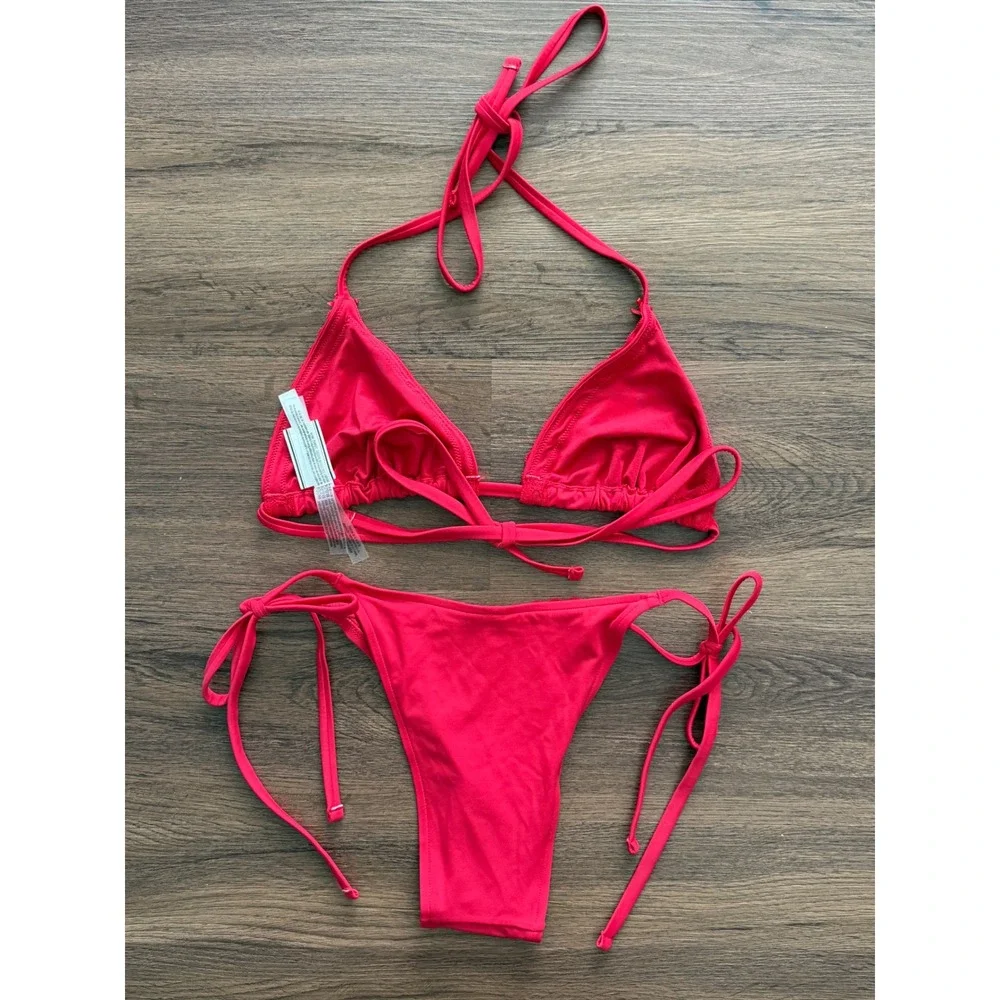 Pink by Frankies Bikinis Red Lace Trim Triangle Bikini Set XL Beach Resortwear